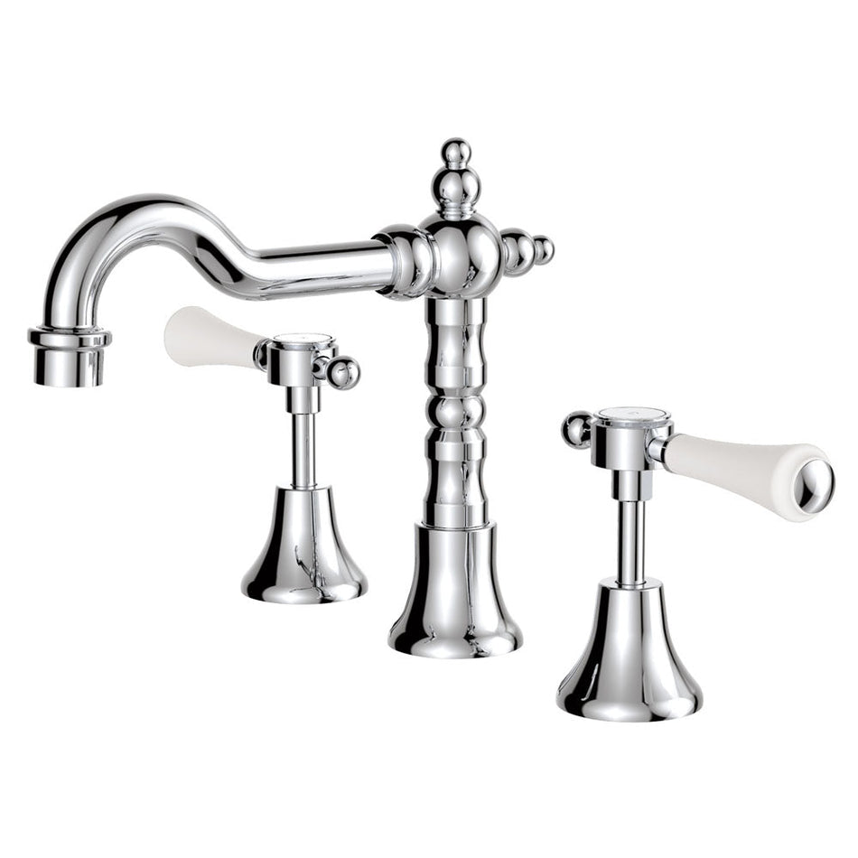 LILLIAN LEVER SHEPHERDS CROOK BASIN SET CHROME WHITE HANDLE