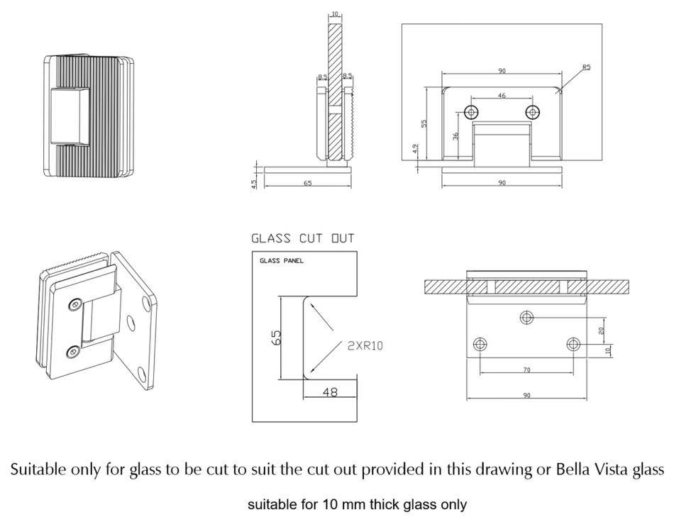 BV - SHOWER SCREEN HINGE - FLUTED - GLASS TO WALL