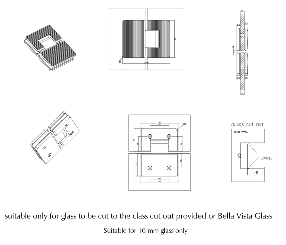 BV - SHOWER SCREEN HINGE - FLUTED - GLASS TO GLASS
